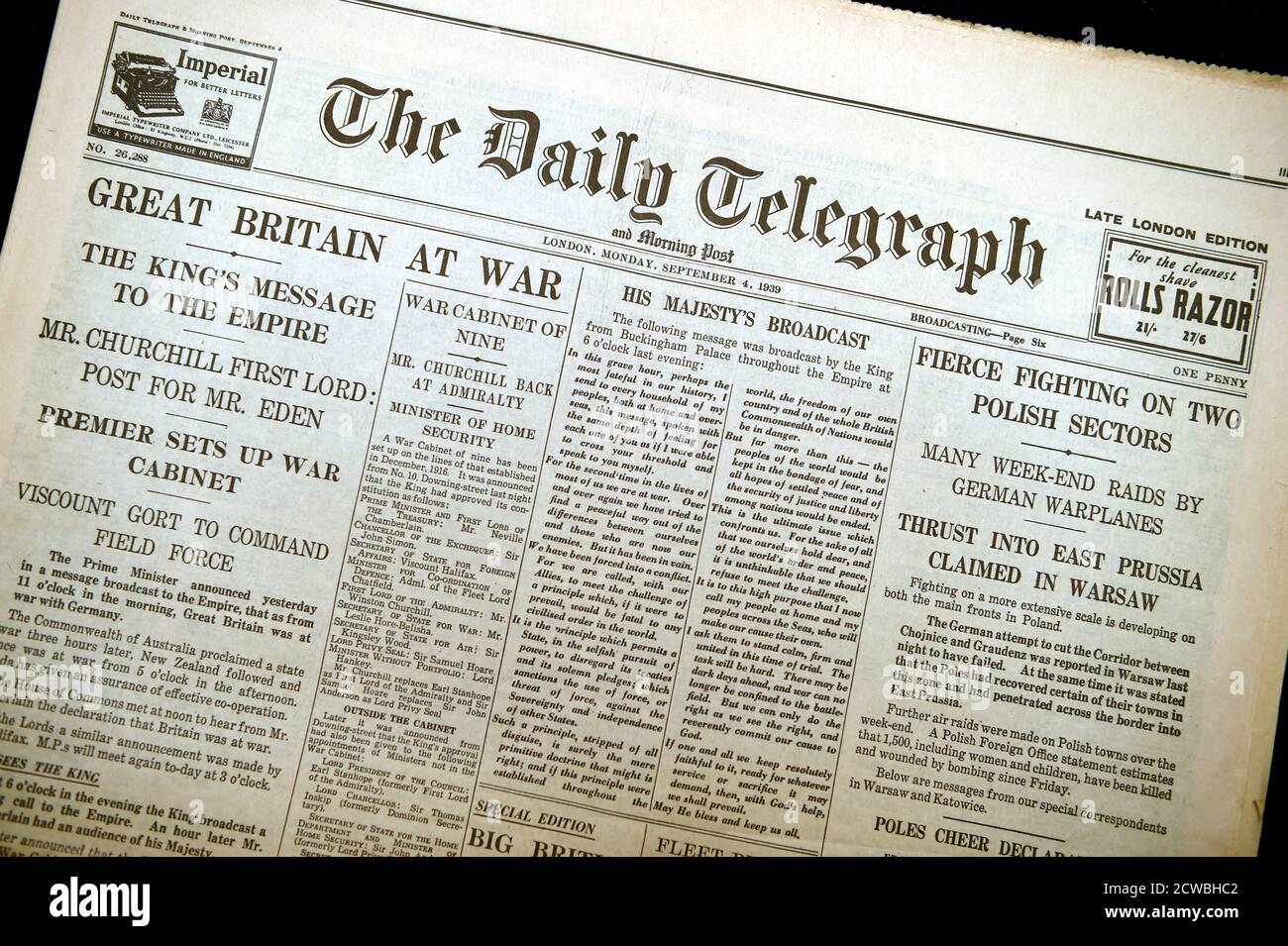 Première page du Daily Telegraph du 4 septembre 1939 Banque D'Images