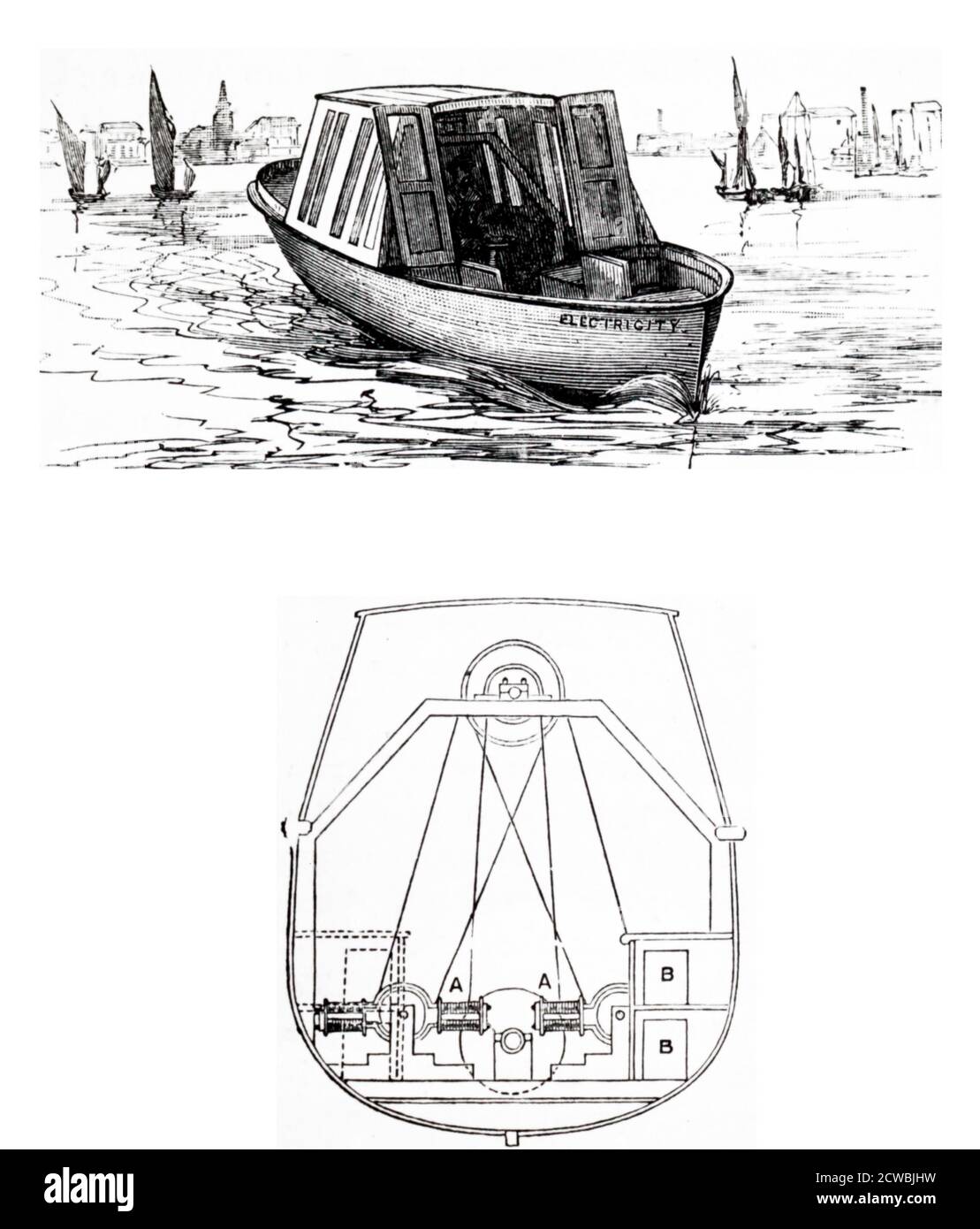 Gravure représentant un bateau électrique conduit par Siemens dynamos. Le bateau pouvait accueillir quatre passagers et était alimenté par des piles secondaires (accumulateurs) et une hélice à vis. Banque D'Images