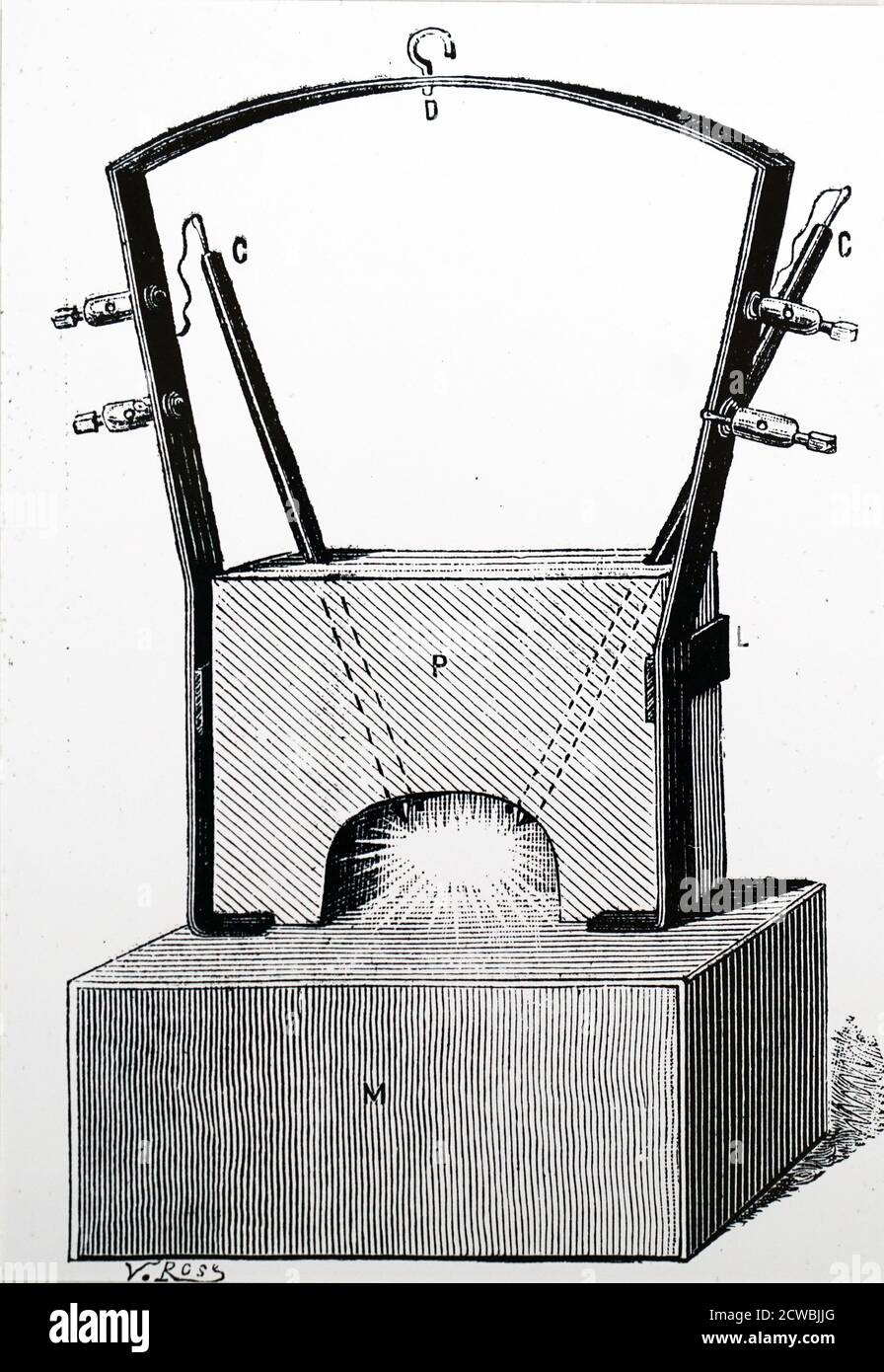 Gravure représentant un bureau suspendu et une lampe-soleil de Clerc. Les tiges en carbone sont visibles de chaque côté du châssis de suspension. Banque D'Images