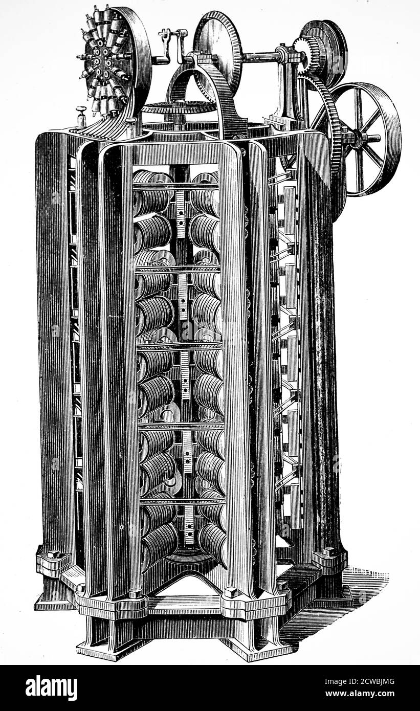 Gravure représentant le plus grand moteur électrique de Gustave Froment (vers. 1862). Pas aussi réussi que ses petits moteurs. Banque D'Images