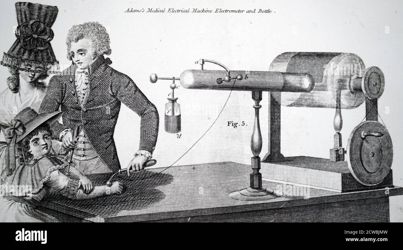 Gravure illustrant la machine électrique statique d'Adam utilisée pour donner à un enfant des chocs légers à des fins supposément thérapeutiques. Banque D'Images