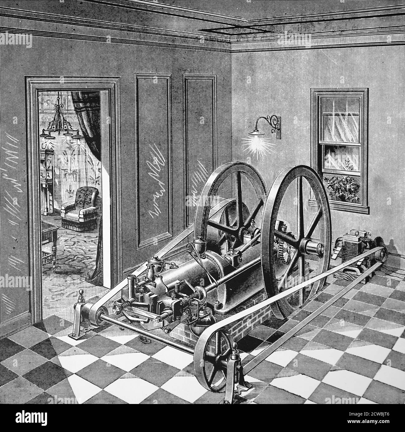 Gravure représentant un moteur à gaz Otto utilisé pour fonctionner Feux électriques à l'exposition électrique de Philadelphie Banque D'Images