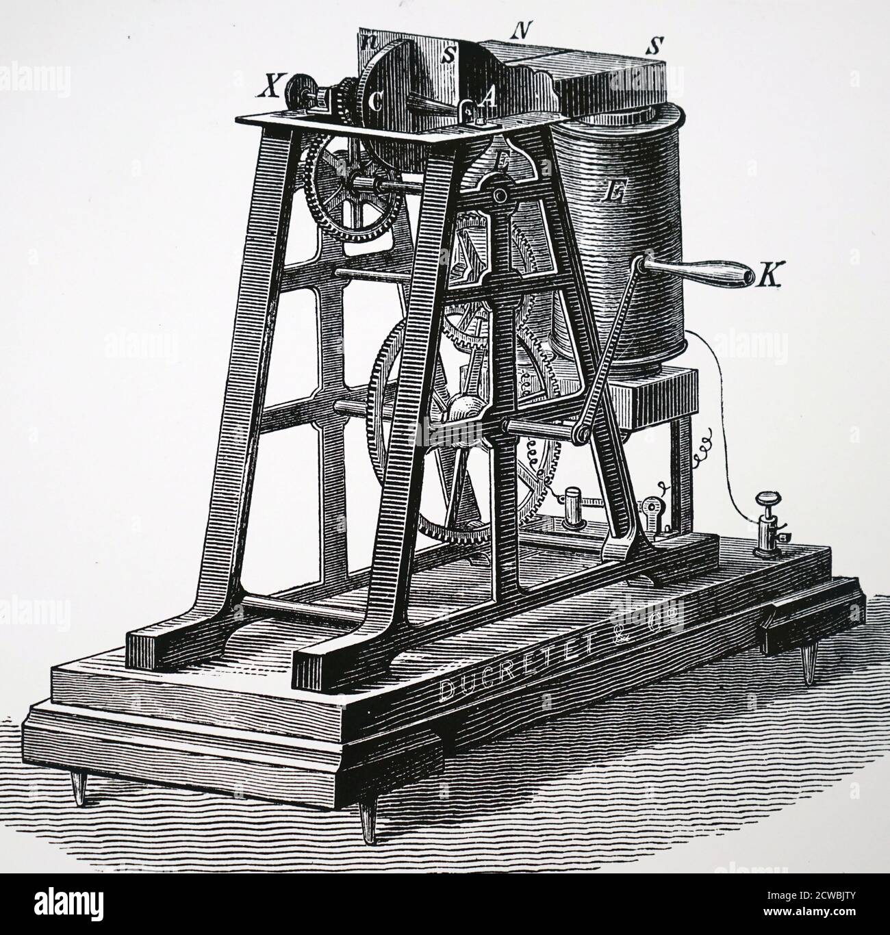 Gravure représentant la machine de Leon Foucault pour produire du courant dans une plaque de cuivre. Banque D'Images