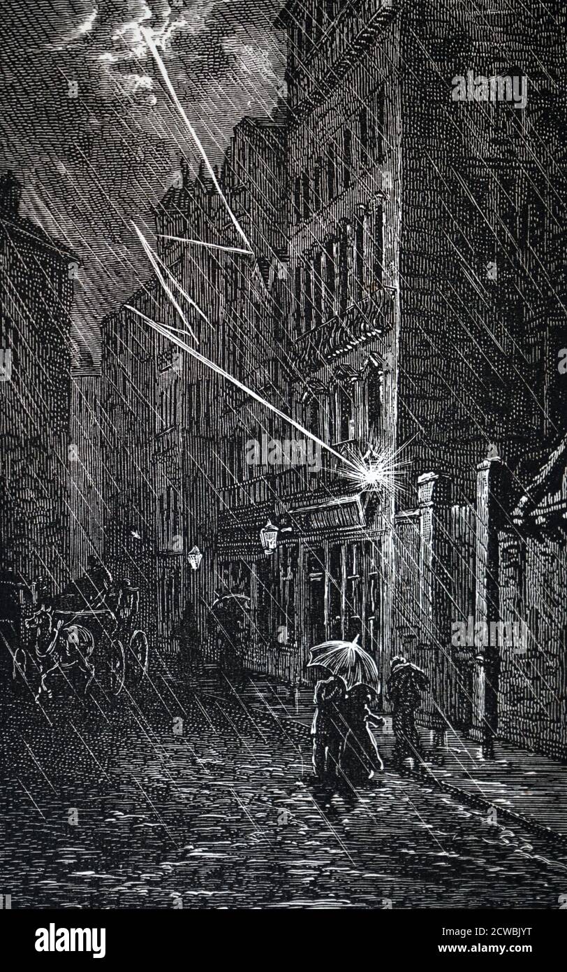 Gravure représentant la foudre frappant une lampe à gaz dans une rue. Banque D'Images