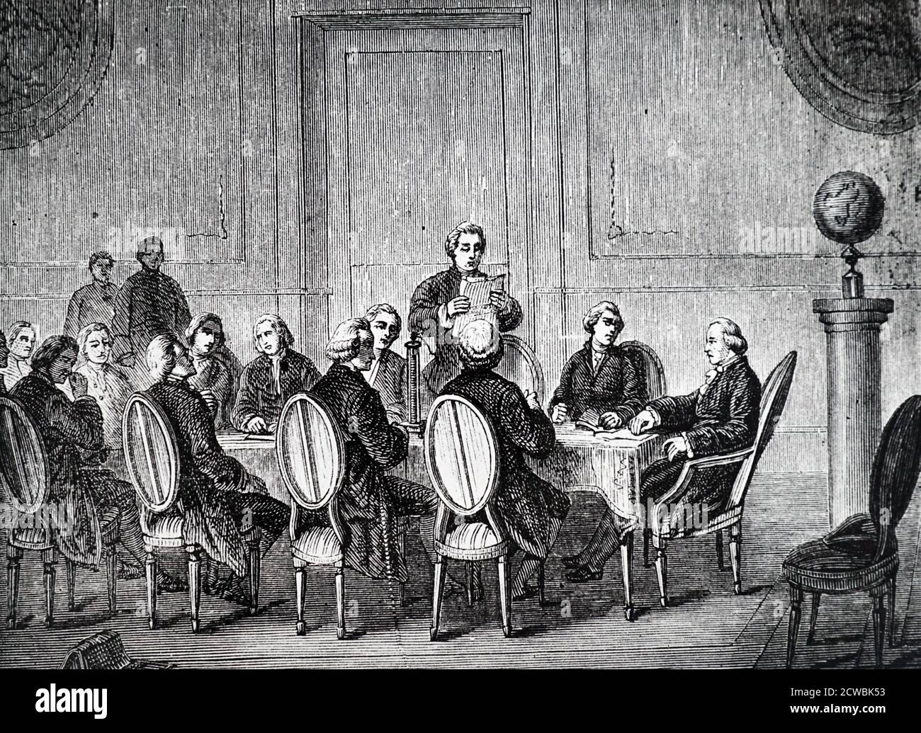 Gravure illustrant la reconstruction de la scène par un artiste lors d'une réunion de la Société royale en avril 1800, lorsque Joseph Banks a lu la lettre d'Alessandro Volta sur sa pile électrique (batterie). Banque D'Images Gravure illustrant la reconstruction de la scène par un artiste lors d'une réunion de la Société royale en avril 1800, lorsque Joseph Banks a lu la lettre d'Alessandro Volta sur sa pile électrique (batterie). Banque D'Images