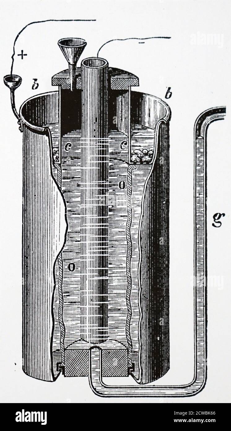 Gravure représentant la cellule électrique originale de John Frederic Daniell (1836) qui était la première cellule à batterie constante. Vue de coupe montrant un réservoir de cuivre extérieur B) formant la plaque positive (+), et la cellule poreuse intérieure C) contenant un cylindre de zinc formant la plaque négative (-) : O,O liquide) a été diluée acide sulfurique. Banque D'Images
