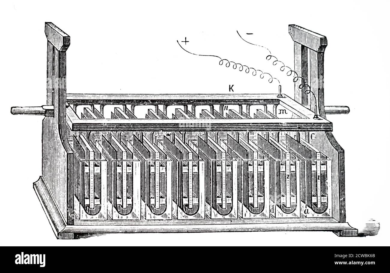 Gravure représentant une batterie Wollaston: Dans ce modèle il y a seize couples disposés en deux séries parallèles de huit. Banque D'Images