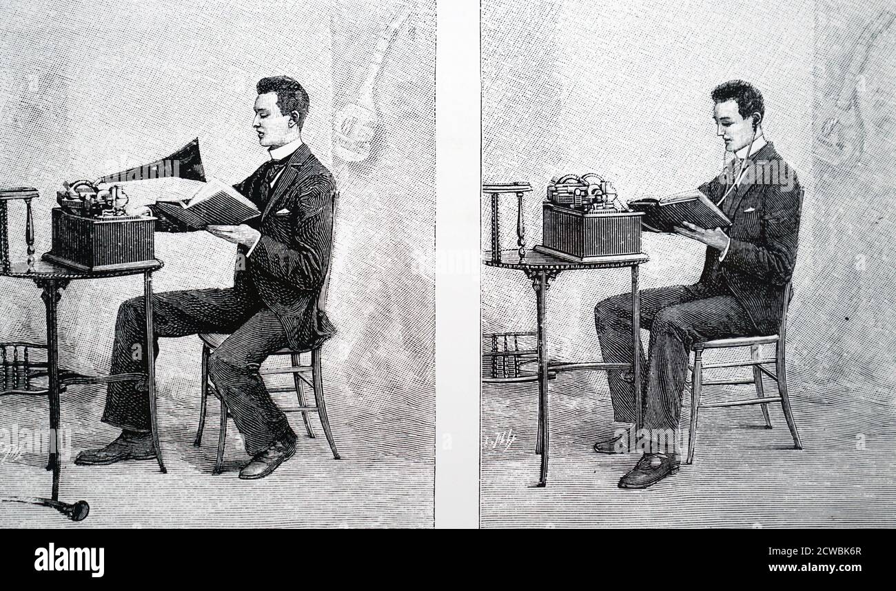 Gravure représentant un étudiant utilisant un phonographe Edison pour apprendre une langue. À gauche, en enregistrant sa voix, à droite, en écoutant son enregistrement. Banque D'Images