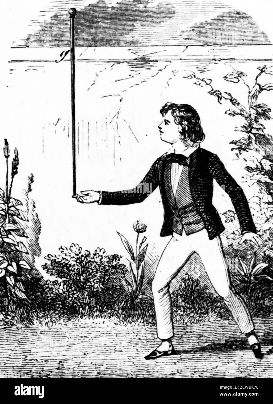 Gravure représentant un jeune homme démontrant l'équilibre. L'équilibre du corps avec un point de support en (g) directement au-dessus du point de support. Banque D'Images