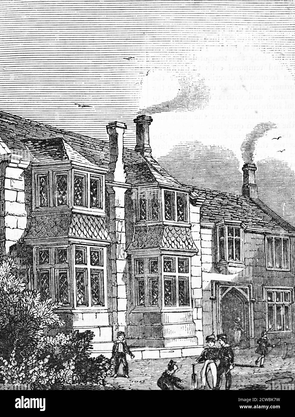 Gravure représentant l'extérieur d'une école de grammaire, Helston, Cornwall, telle qu'elle est apparue après la reconstruction selon les dessins de George Nightwick de Plymouth vers 1830. Banque D'Images