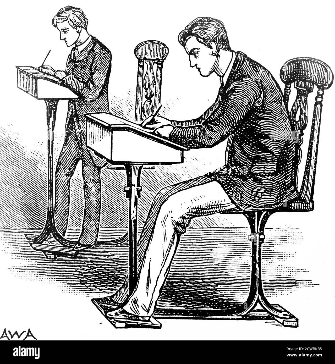 Gravure représentant une chaise et un bureau réglables pour une utilisation dans les bureaux et les écoles. Banque D'Images