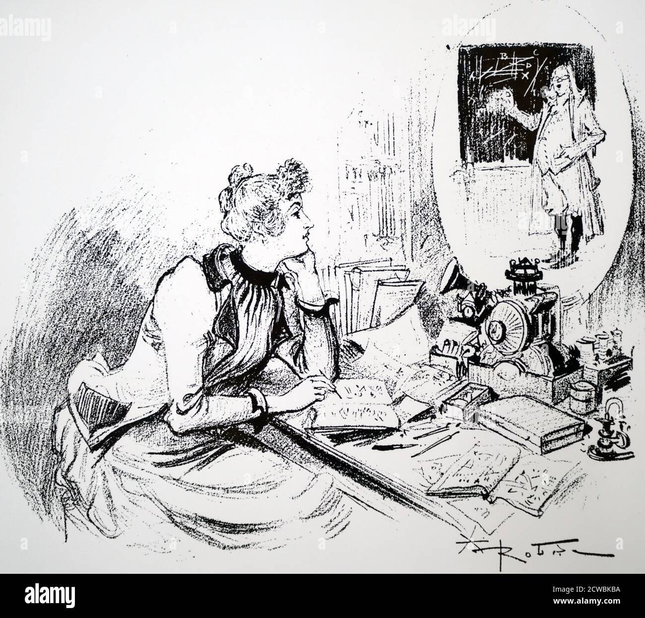 Gravure représentant une jeune femme utilisant un 'téléphonoscope' pour étudier à la maison. Illustré par Albert Robida. Banque D'Images