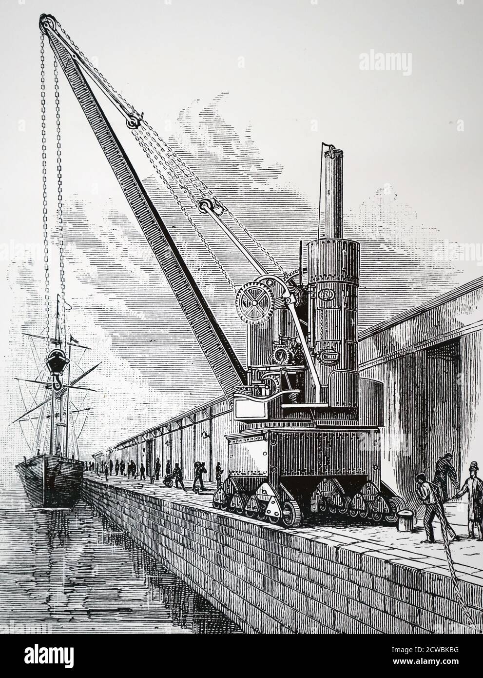 Gravure représentant une grue à vapeur George Russell & Co. De 20 tonnes, utilisée par la ligne d'ancrage pour le chargement et le déchargement des navires. Banque D'Images