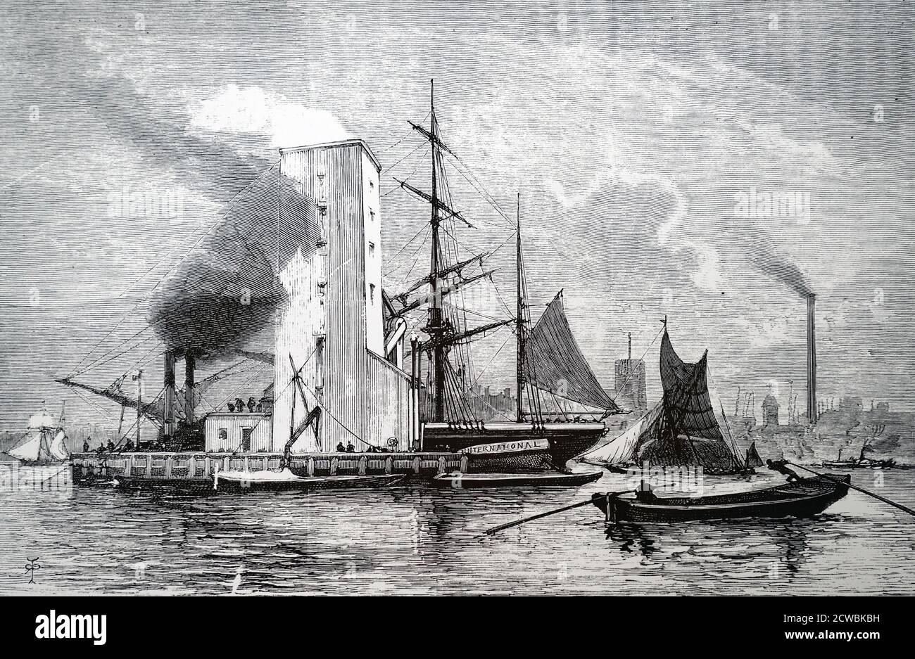 Gravure représentant un élévateur de grain de style américain à North Woolwich avec le premier navire à décharger sa cargaison, la Georginia, à côté. Banque D'Images