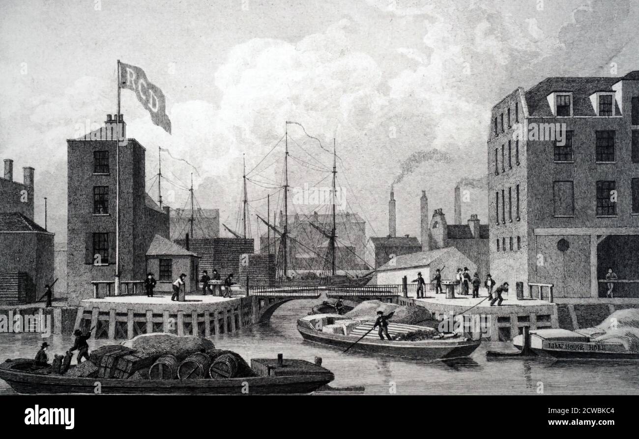 Gravure de l'entrée du canal Regent's, Limehouse. Gravure après le dessin par Thomas Hosmer Shepherd. Banque D'Images