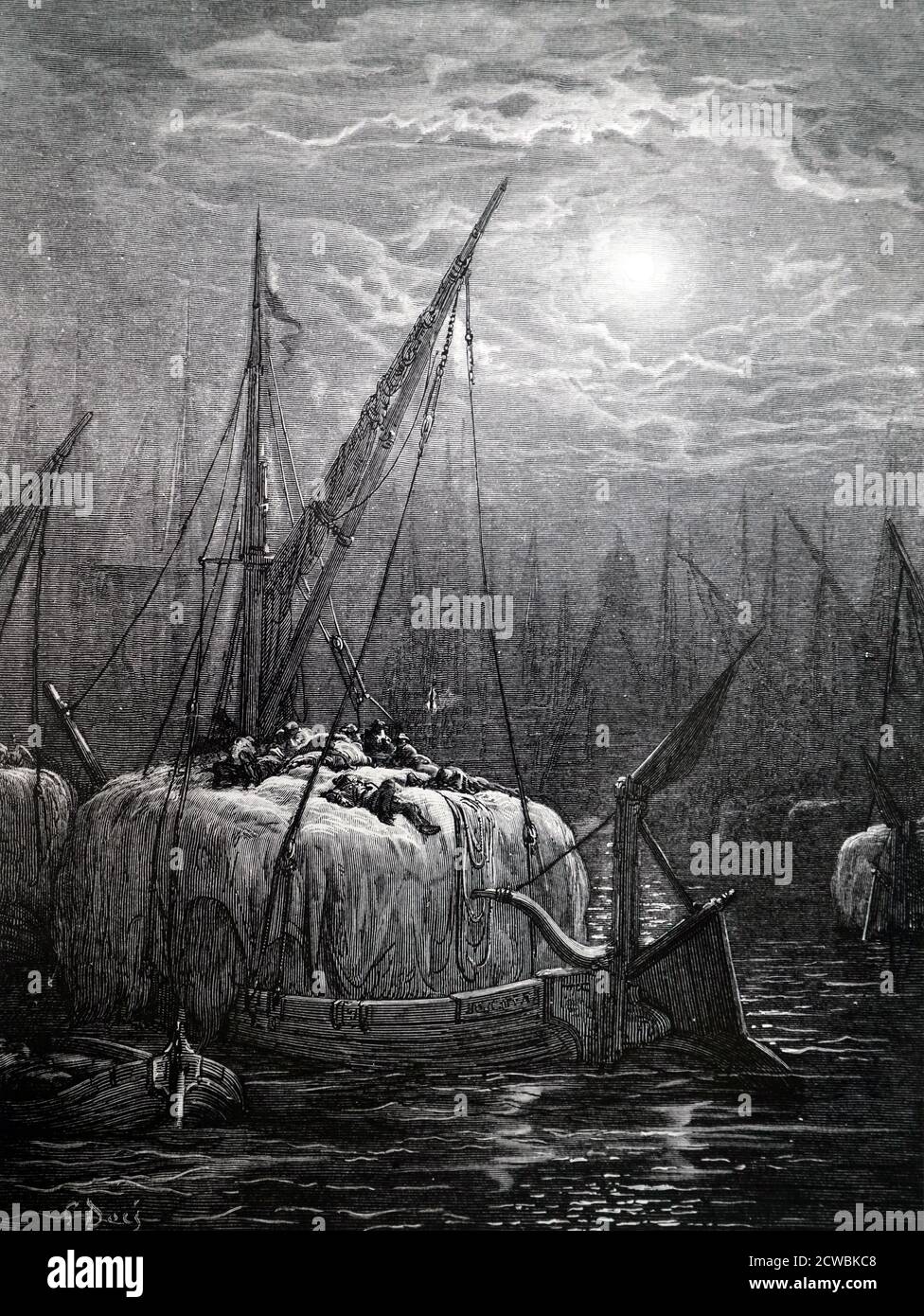 Gravure représentant un bateau à foin sur la Tamise, Londres. Banque D'Images