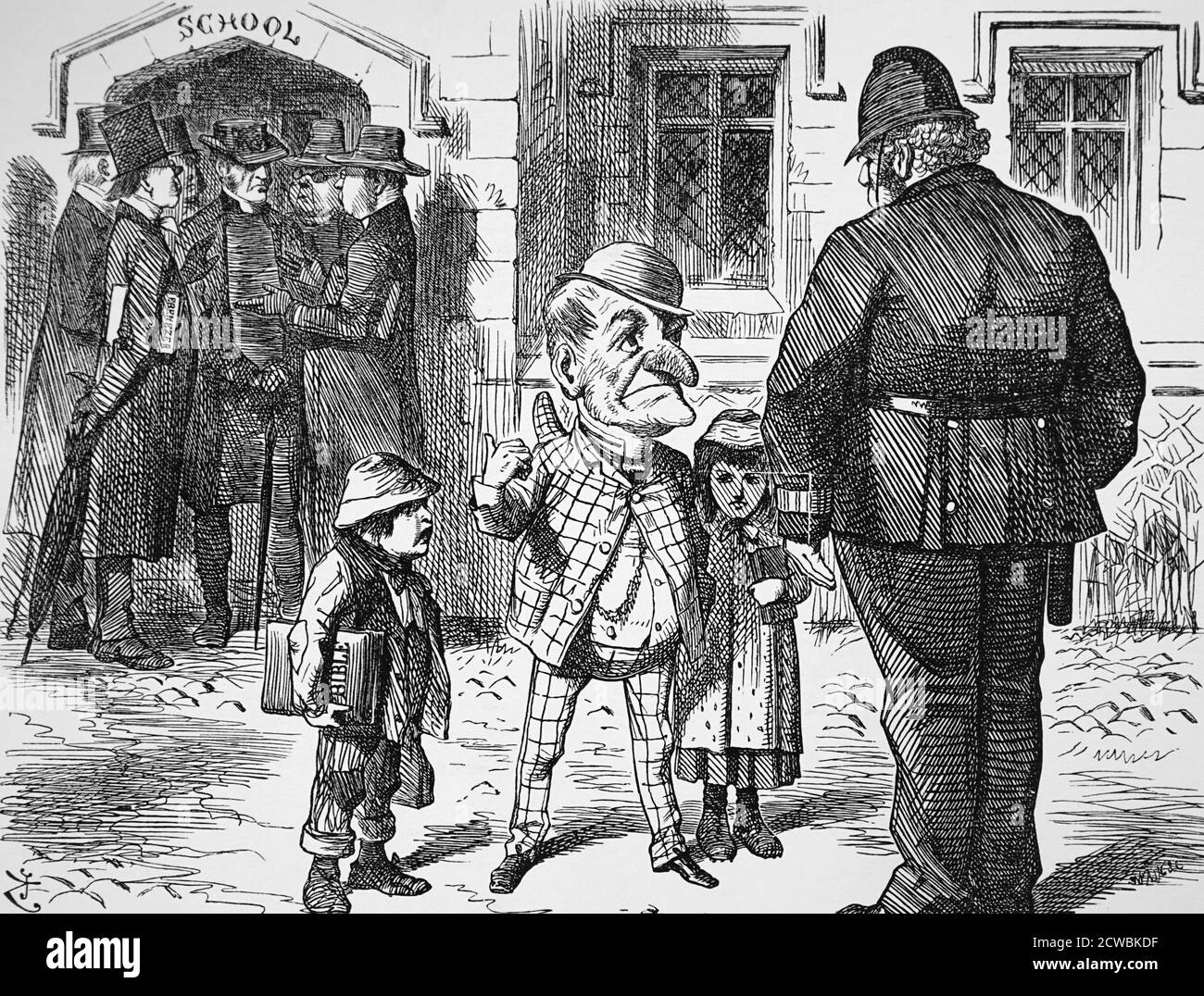 Caricature représentant M. Punch faisant appel à John Bull, qui porte l'uniforme d'un policier, lui demandant d'effacer les représentants en cause de la porte de l'école pour que les enfants puissent continuer leur éducation. Illustré par John Tenniel. Banque D'Images