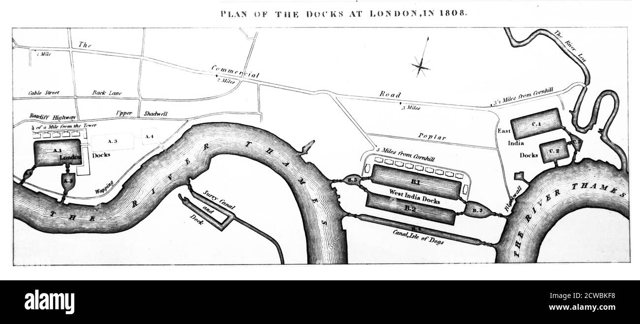 Gravure représentant un plan des quais de Londres en 1808. Banque D'Images