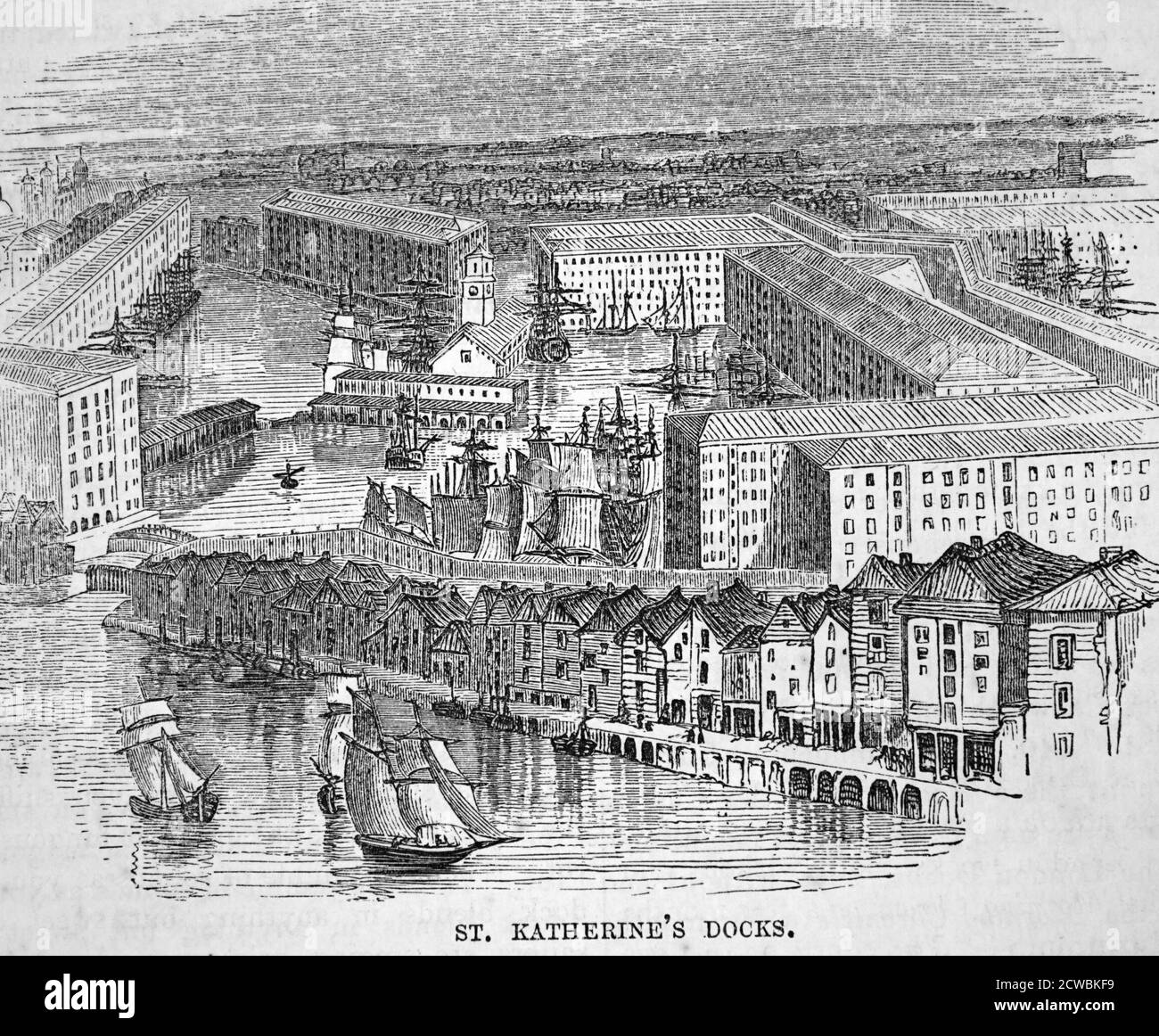 Gravure représentant les Docks de St Katherine, Londres. Banque D'Images