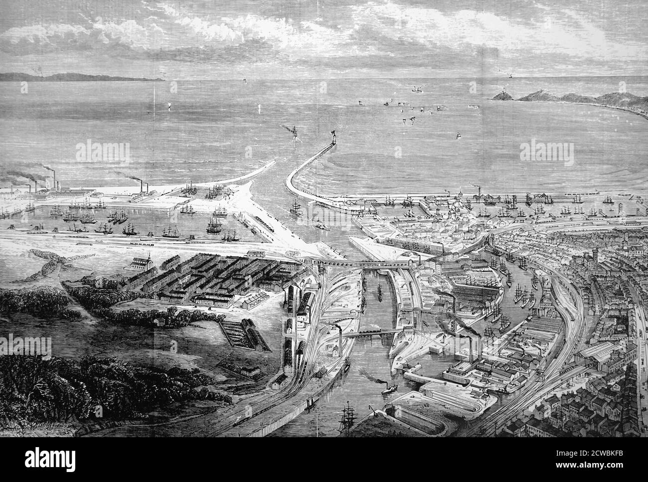 Gravure représentant l'East Dock, Swansea, ouverte par le Prince de Galles le 18 octobre 1881. L'agrandissement des quais était nécessaire en raison de la croissance des industries du fer et du charbon au pays de Galles. Banque D'Images