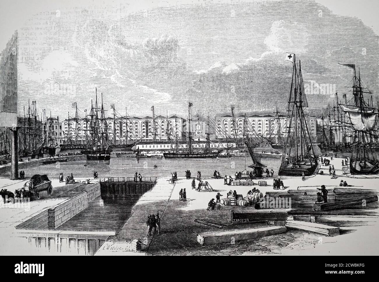 Gravure représentant les Docks de St Katherine, Londres. Banque D'Images