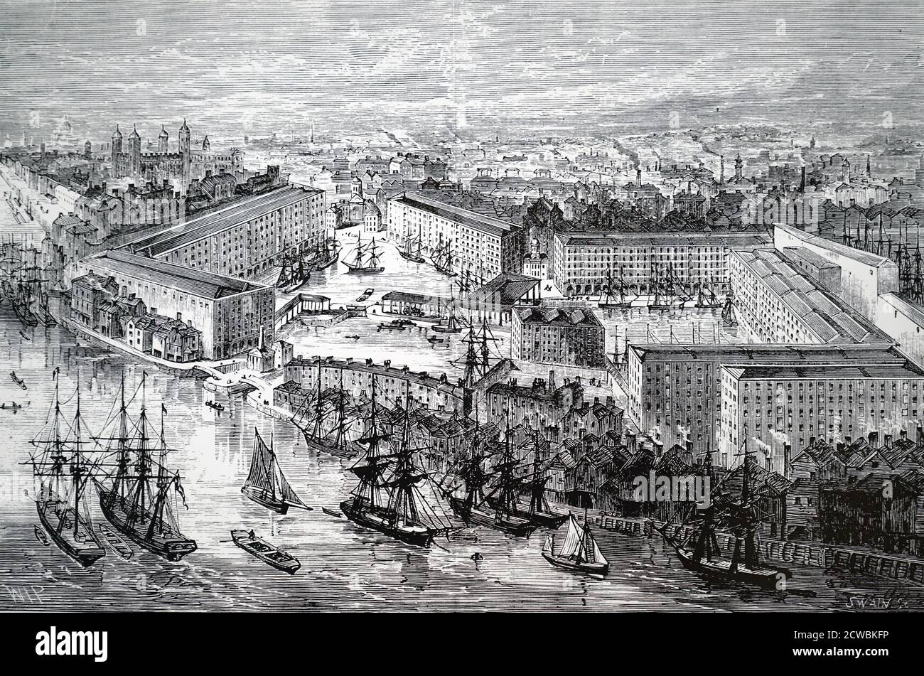 Gravure représentant les Docks de St Katherine, Londres. Banque D'Images