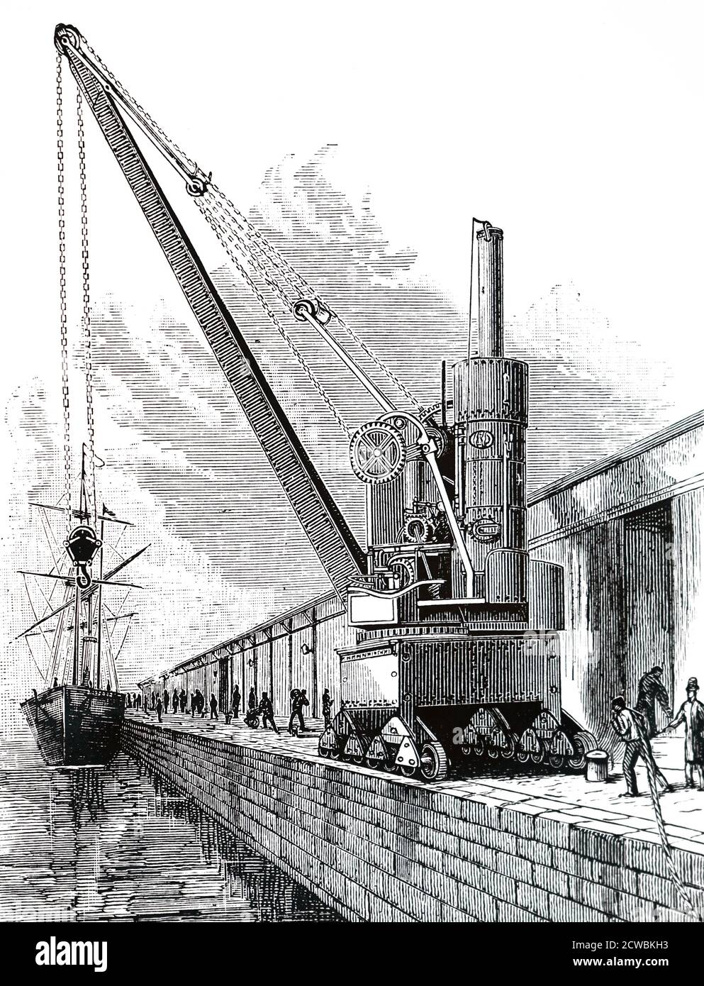 Gravure représentant une grue à vapeur George Russell & Co. De 20 tonnes, utilisée par la ligne d'ancrage pour le chargement et le déchargement des navires. Banque D'Images