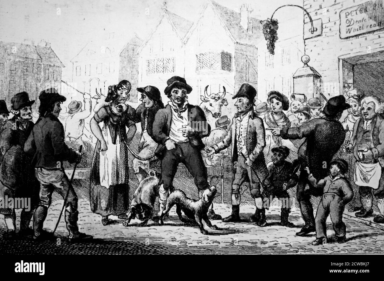 Gravure représentant une femme vendue au plus haut soumissionnaire. Bien qu'elle soit illégale, elle a été réalisée à Sheffield en 1803 et à Brighton en 1808. Banque D'Images