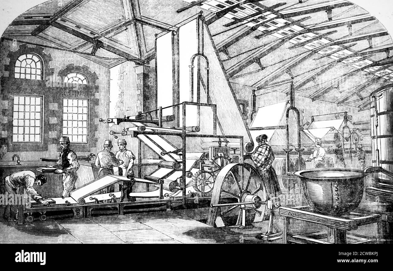 Gravure représentant la papeterie de Wyndham Portal à Laverstocke, Hampshire, qui fabrique du papier pour billets de banque sur machines par Donkin & Co. De Manchester. La machine était alimentée par une turbine à eau. Banque D'Images