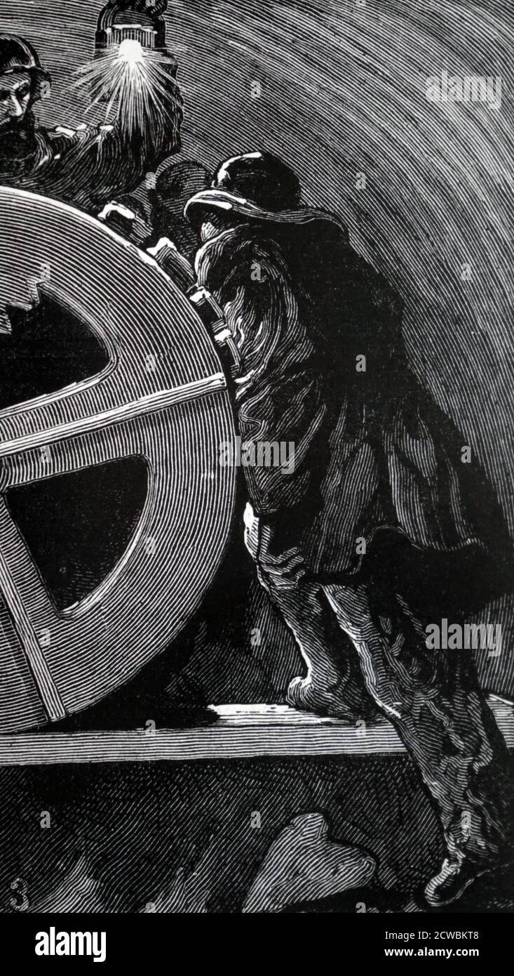 Gravure représentant les réalisateurs se pressant à travers le premier trou du tunnel de Mersey. Banque D'Images