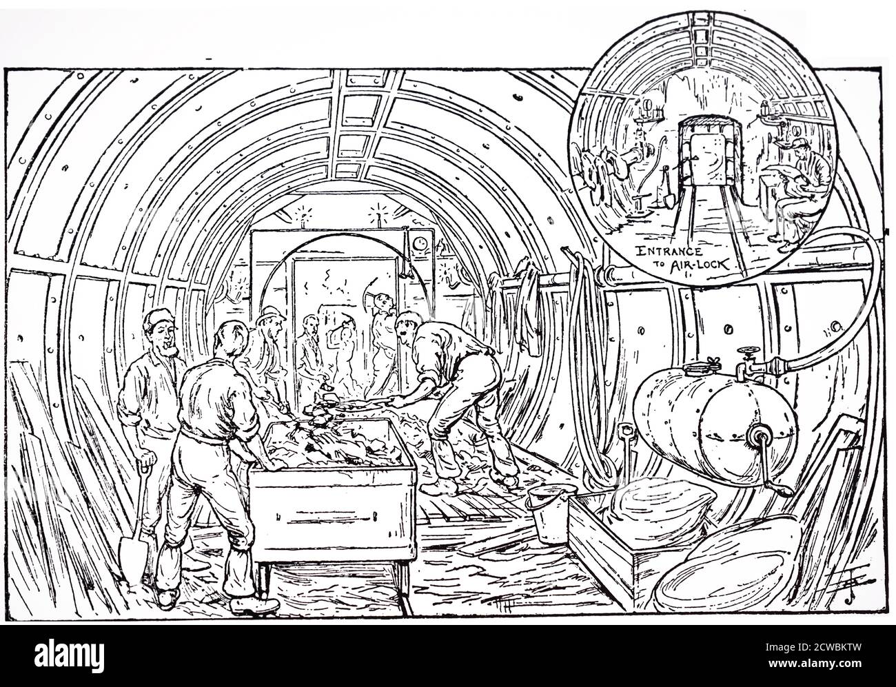 Gravure représentant des ouvriers qui conduisent le tunnel pour le Central London Electric Railway. L'illustration de l'insert représente le verrouillage pneumatique. Banque D'Images