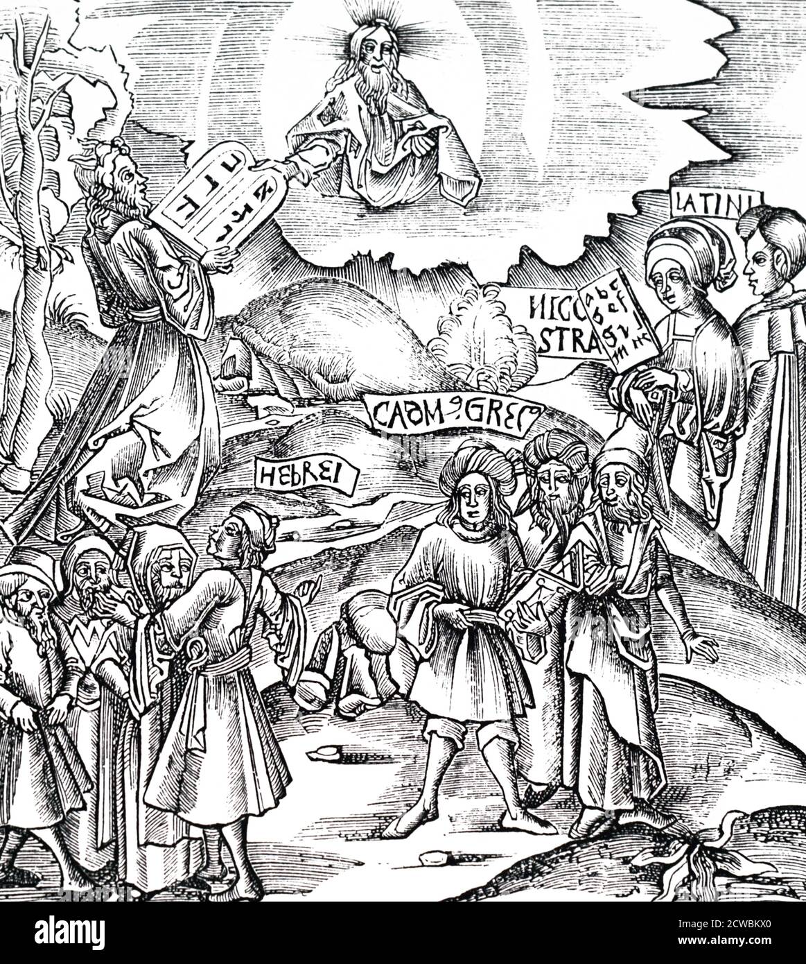 Gravure sur bois représentant Moïse recevant les tablettes de pierre en hébreu. Banque D'Images