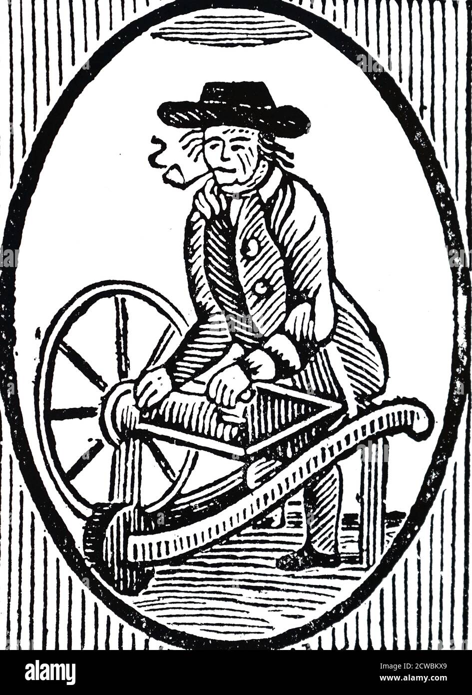 Gravure en bois représentant un homme aiguisant des couteaux. Banque D'Images