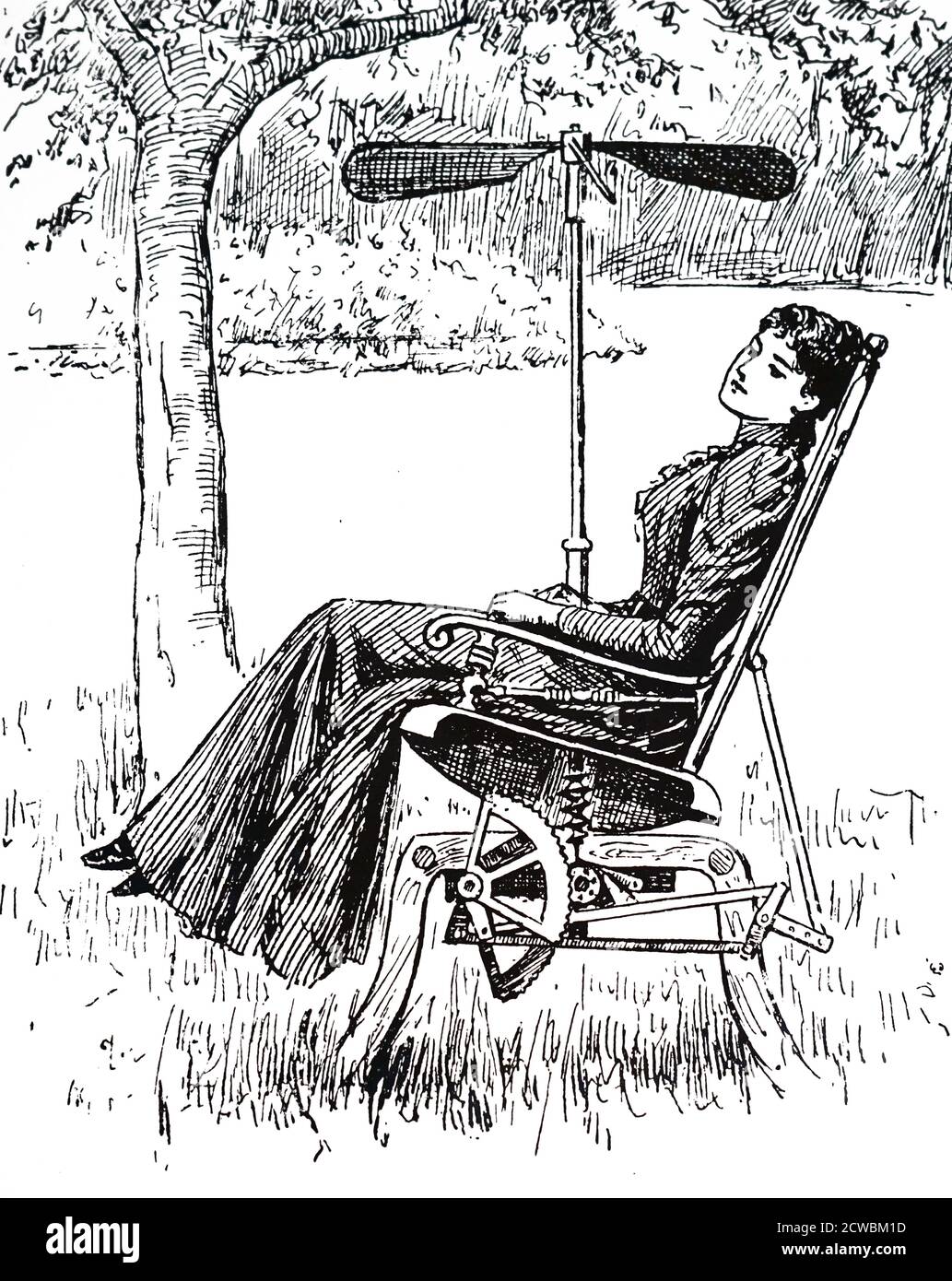 Gravure représentant une jeune femme assise dans une chaise à bascule de jardin avec un ventilateur attaché. Banque D'Images