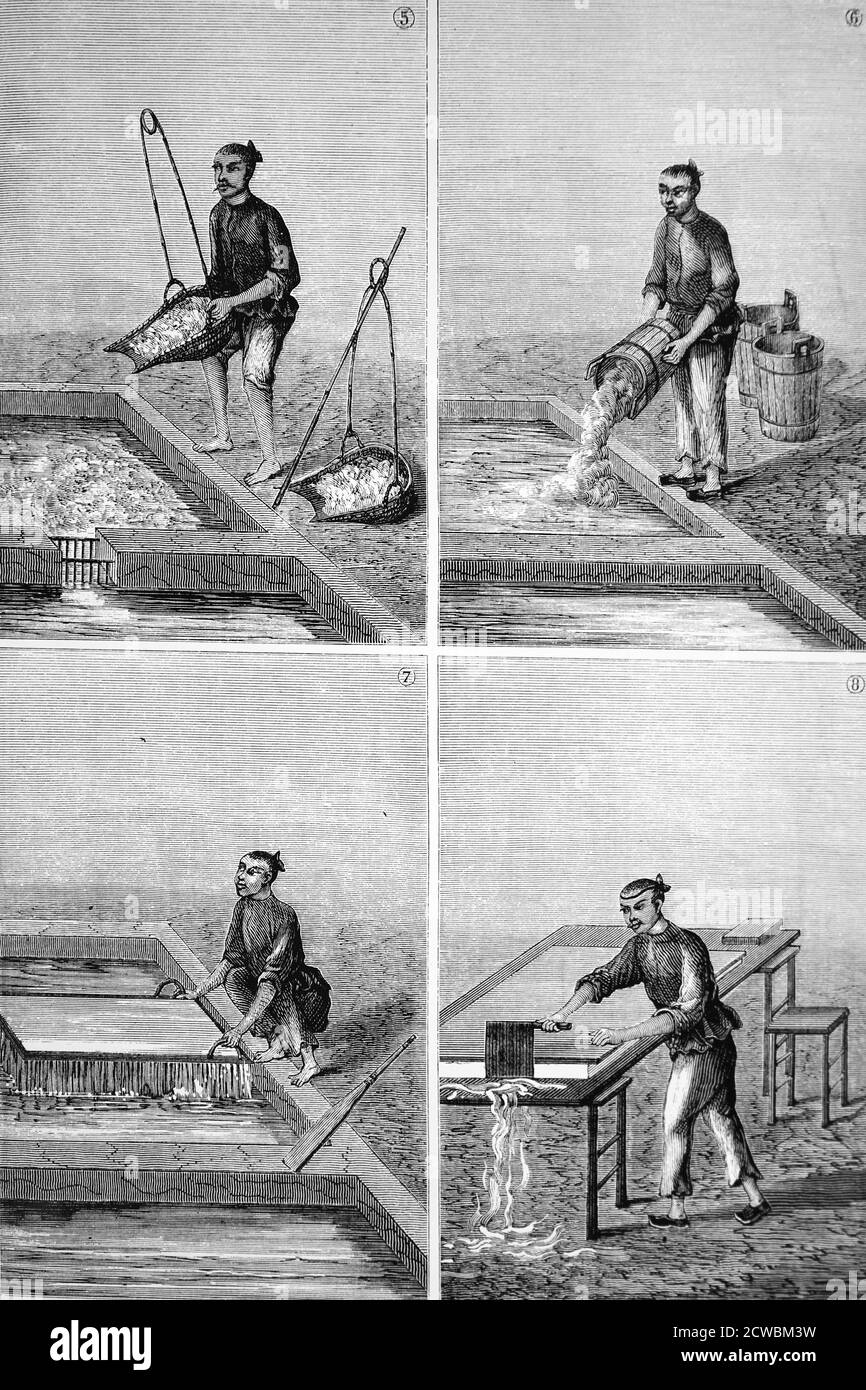 Gravure représentant la fabrication du papier en Chine: 5) mettre la pâte de bambou à forte 6) Ajouter de la chaux pour faire une solution alcaline 7) faire une feuille de papier en secouant doucement l'eau de la pâte dans une forme avec un fond de maille fine 8) couper les feuilles de papier. Banque D'Images