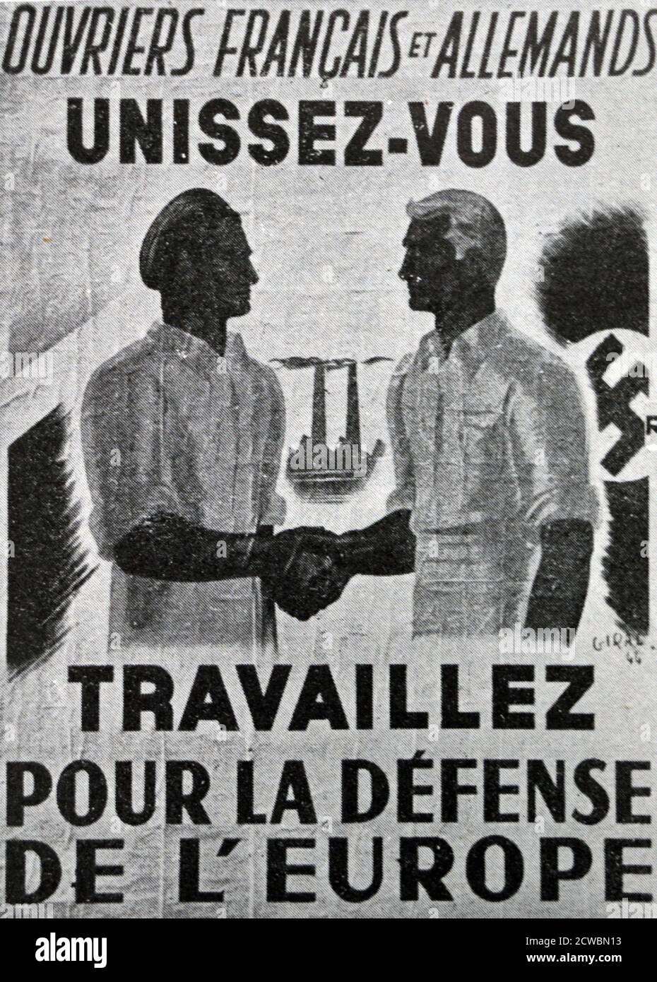 Photographie en noir et blanc de la Seconde Guerre mondiale (1939-1945); "ce que nous avons vu pendant l'occupation de Paris dans les rues et sur les murs". Une annonce d'une grande réunion des employés et collaborateurs les plus importants de la Légion des volontaires français contre le bolchevisme. Banque D'Images