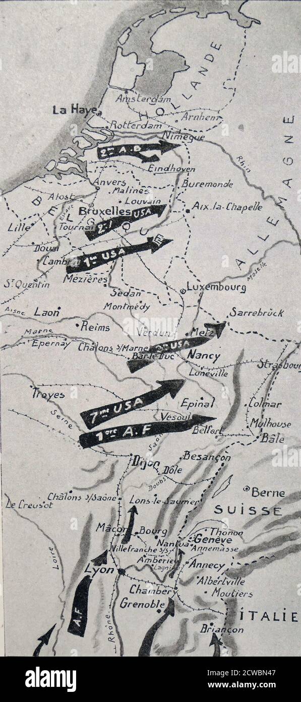 Photographie en noir et blanc de la Seconde Guerre mondiale (1939-1945); une carte montrant les alliés qui avancent en Allemagne en septembre 1944. Six armées alliées ont traversé le Rhin en Allemagne pour poursuivre l'assaut contre les Nazis. Banque D'Images