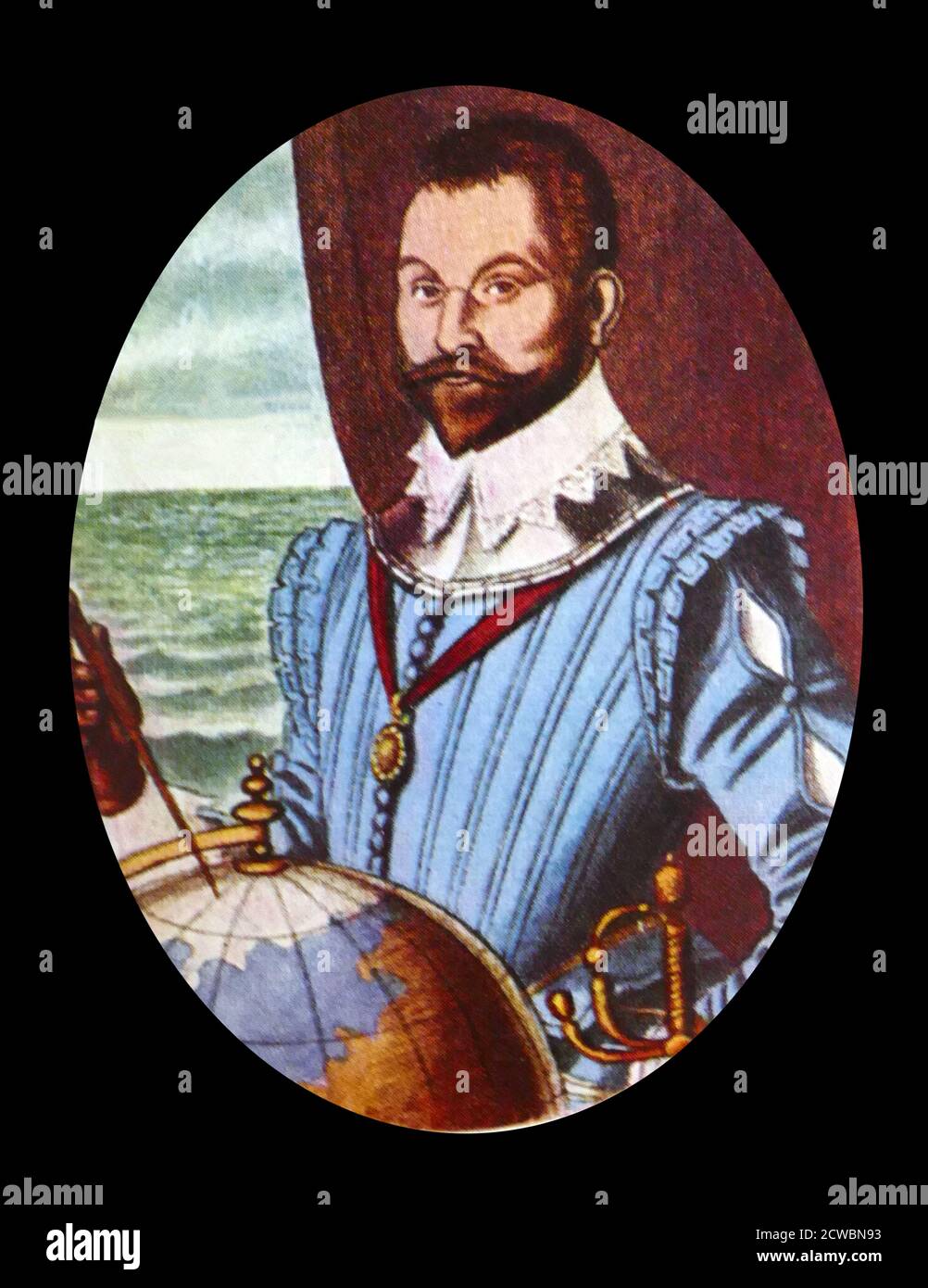 Illustration représentant Sir Francis Drake. Sir Francis Drake (c. 1540 - 28 janvier 1596, était un capitaine de mer anglais, un corsaire, un commerçant d'esclaves, un pirate, un officier naval et un explorateur de l'époque élisabéthaine. Drake a effectué le deuxième tour du monde en une seule expédition, de 1577 à 1580, et a été le premier à terminer le voyage en tant que capitaine tout en dirigeant l'expédition tout au long du tour. Banque D'Images