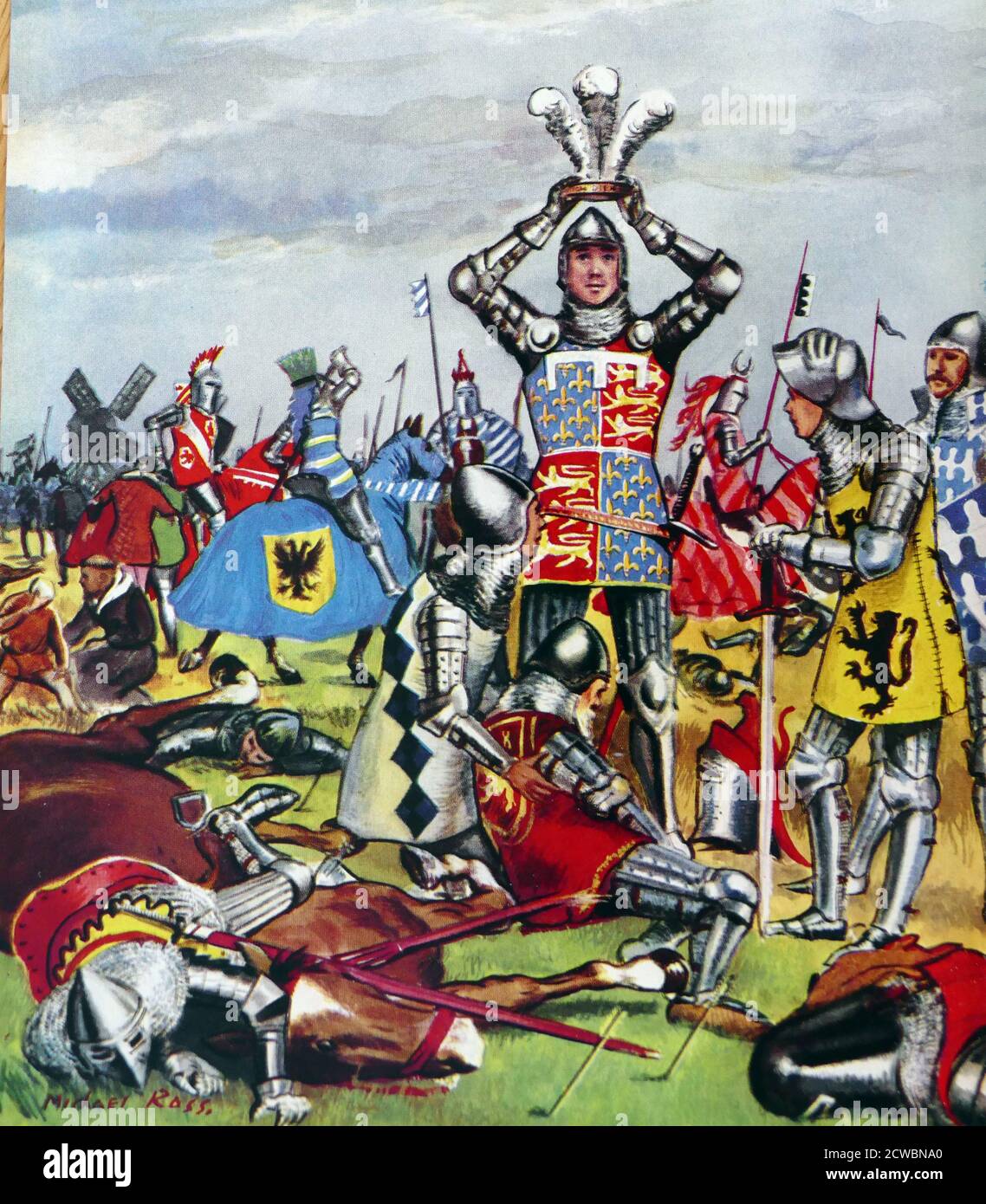 Illustration d'un livre d'histoire pour enfants représentant Edward de Woodstock, connu sous le nom de Prince Noir (15 juin 1330 - 8 juin 1376), fils aîné du roi Edward III d'Angleterre, et donc héritier du trône anglais. Il mourut devant son père et son fils, Richard II, succéda au trône. Edward a néanmoins gagné la distinction comme l'un des commandants anglais les plus réussis pendant la guerre de cent ans, Banque D'Images