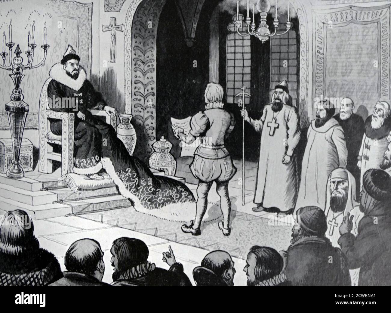 Illustration représentant Ivan le terrible (tsar de Russie) recevant Richard Chancelier qui avait navigué vers la mer Blanche et a continué sur terre à Moscou, où il a visité la cour d'Ivan. Richard Chancellor (décédé le 10 novembre 1556) était un explorateur et navigateur anglais; le premier à pénétrer dans la mer Blanche et à établir des relations avec le Tsardom de Russie. 1553 Banque D'Images