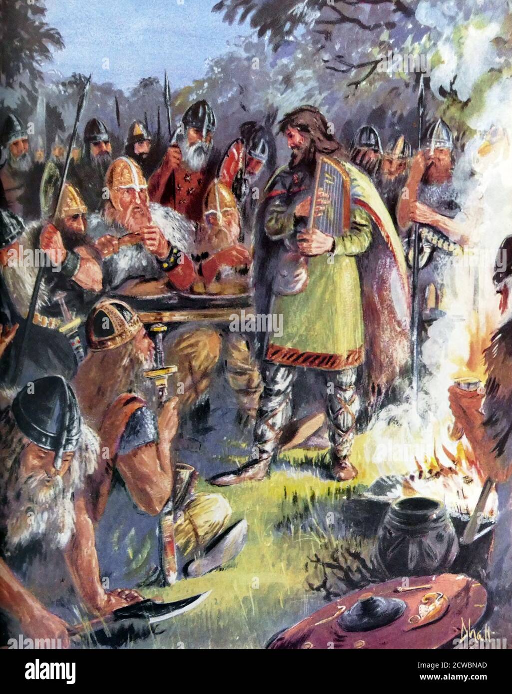 Illustration représentant le roi Alfred le Grand, déguisé en musicien, regardant la situation de l'ennemi dans le camp danois, avant de les vaincre sur les frontières du Hampshire. Alfred le Grand (entre 847 et 849 - 899) fut roi de Wessex de 871 à c. 886 et roi des Anglo-Saxons de c. 886 à 899 Banque D'Images