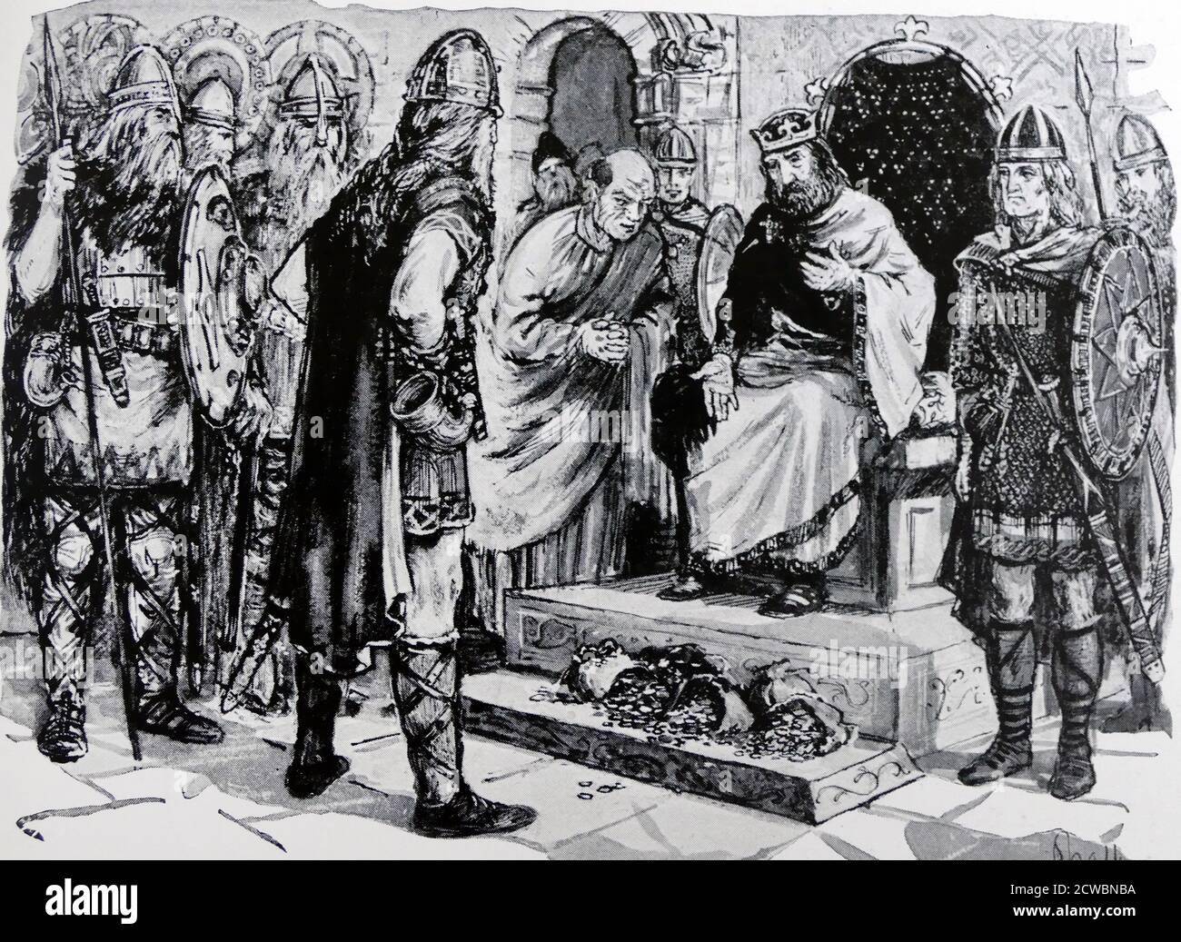 Illustration représentant le roi d'Angleterre Ethelred II payant de l'or aux Vikings. Ethelred II (c. 966 - 1016), connu sous le nom d'indié, fut roi des Anglais de 978 à 1013 et de 1014 jusqu'à sa mort. Banque D'Images