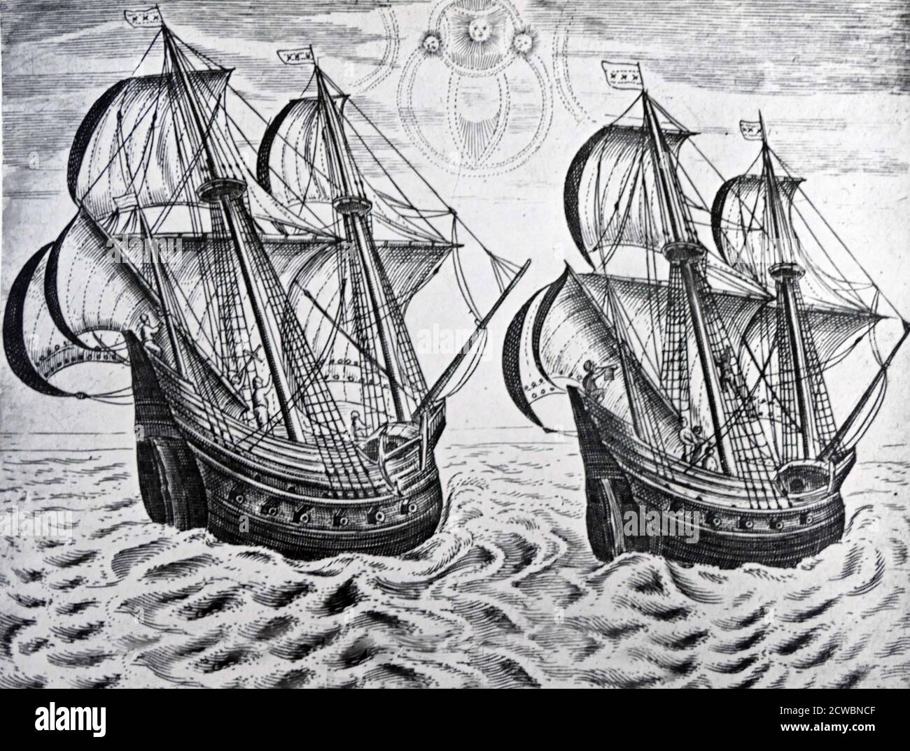 Illustration du voyage de William Barents en Chine 1596. Willem Barentsz (c. 1550 - 20 juin 1597), anglicisé sous le nom de William Barents ou Barentz, était un navigateur, cartographe et explorateur néerlandais. En 1596, le conseil municipal d'Amsterdam a acheté et équipé deux petits navires, chapetés par Jan Rijp et Jacob van Heemskerk, pour rechercher le canal insaisissable sous le commandement de Barentsz. Banque D'Images