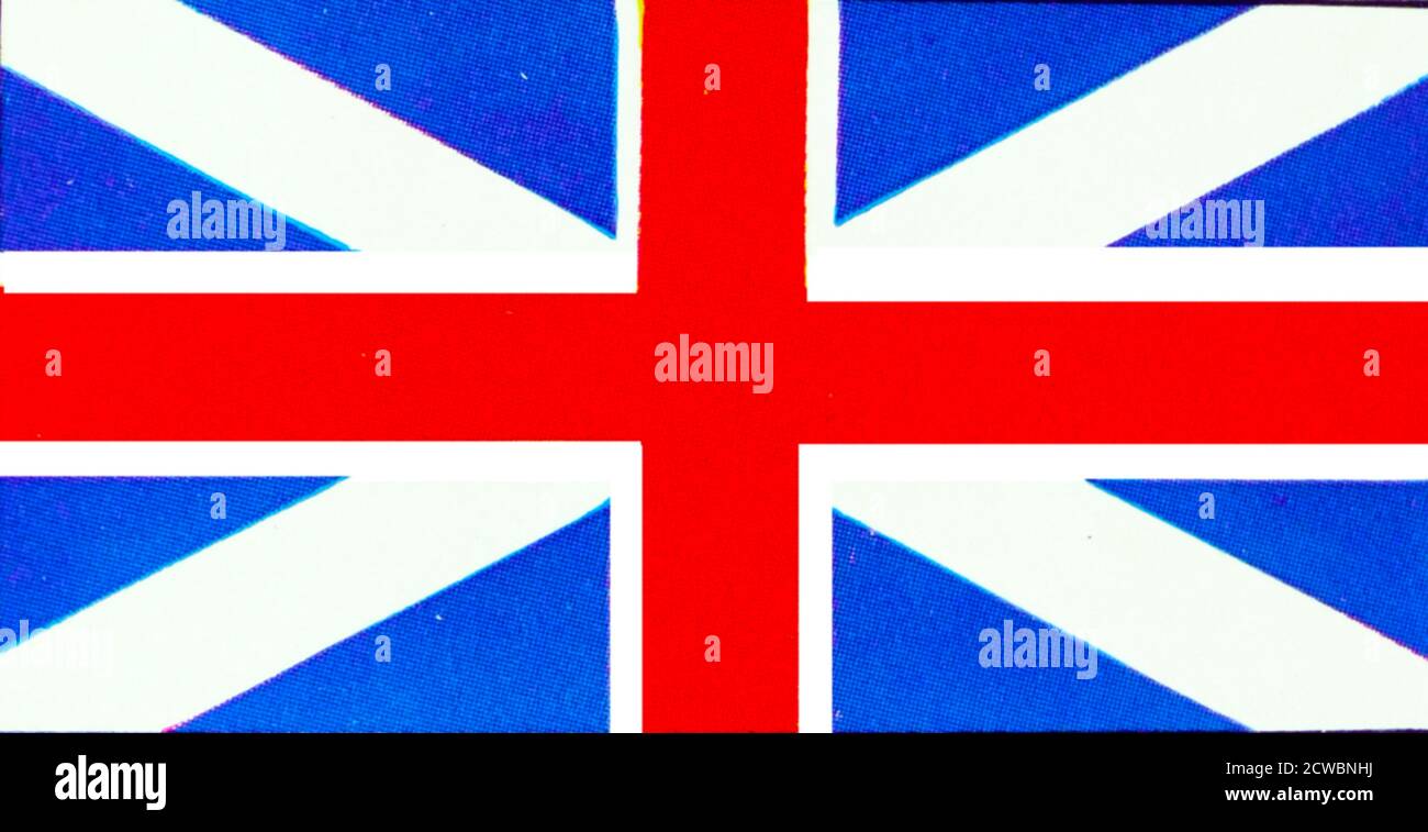 Illustration montrant l'Union Jack, ou drapeau de l'Union, est le drapeau national de la version 1603 du Royaume-Uni. Les origines du drapeau antérieur de la Grande-Bretagne remontent à 1606. James VI d'Écosse avait hérité des trônes anglais et irlandais en 1603 comme James I, unifiant ainsi les couronnes de l'Angleterre, de l'Écosse et de l'Irlande. La conception actuelle du drapeau de l'Union date d'une proclamation royale qui a suivi l'Union de la Grande-Bretagne et de l'Irlande en 1801. Le drapeau combine les aspects de trois drapeaux nationaux plus anciens : la croix rouge de St George pour le Royaume d'Angleterre, la saltire blanche de St Andrew pour S. Banque D'Images
