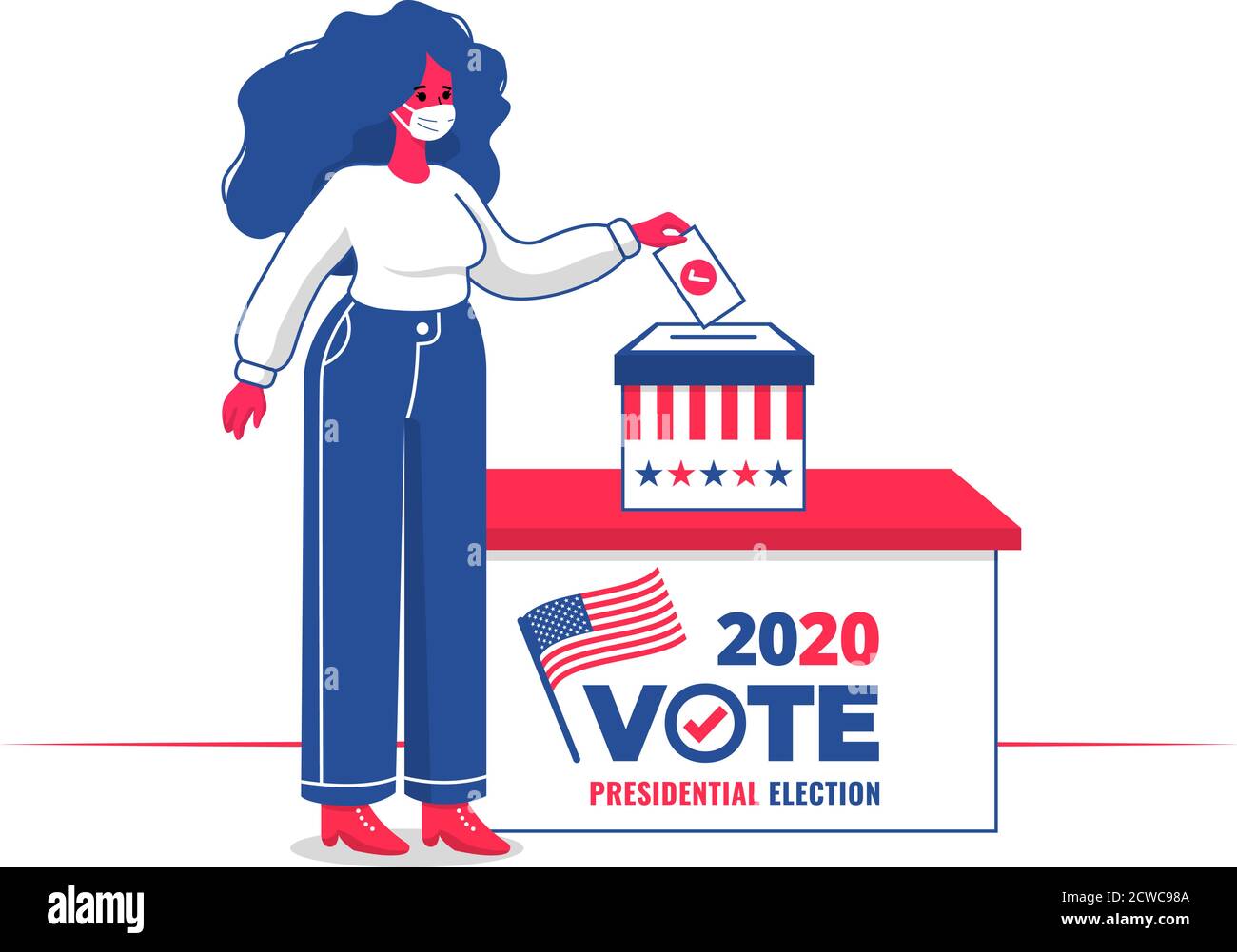 Femme avec masque de visage votant dans une boîte de vote pour Élection présidentielle américaine 2020 avec design plat Illustration de Vecteur