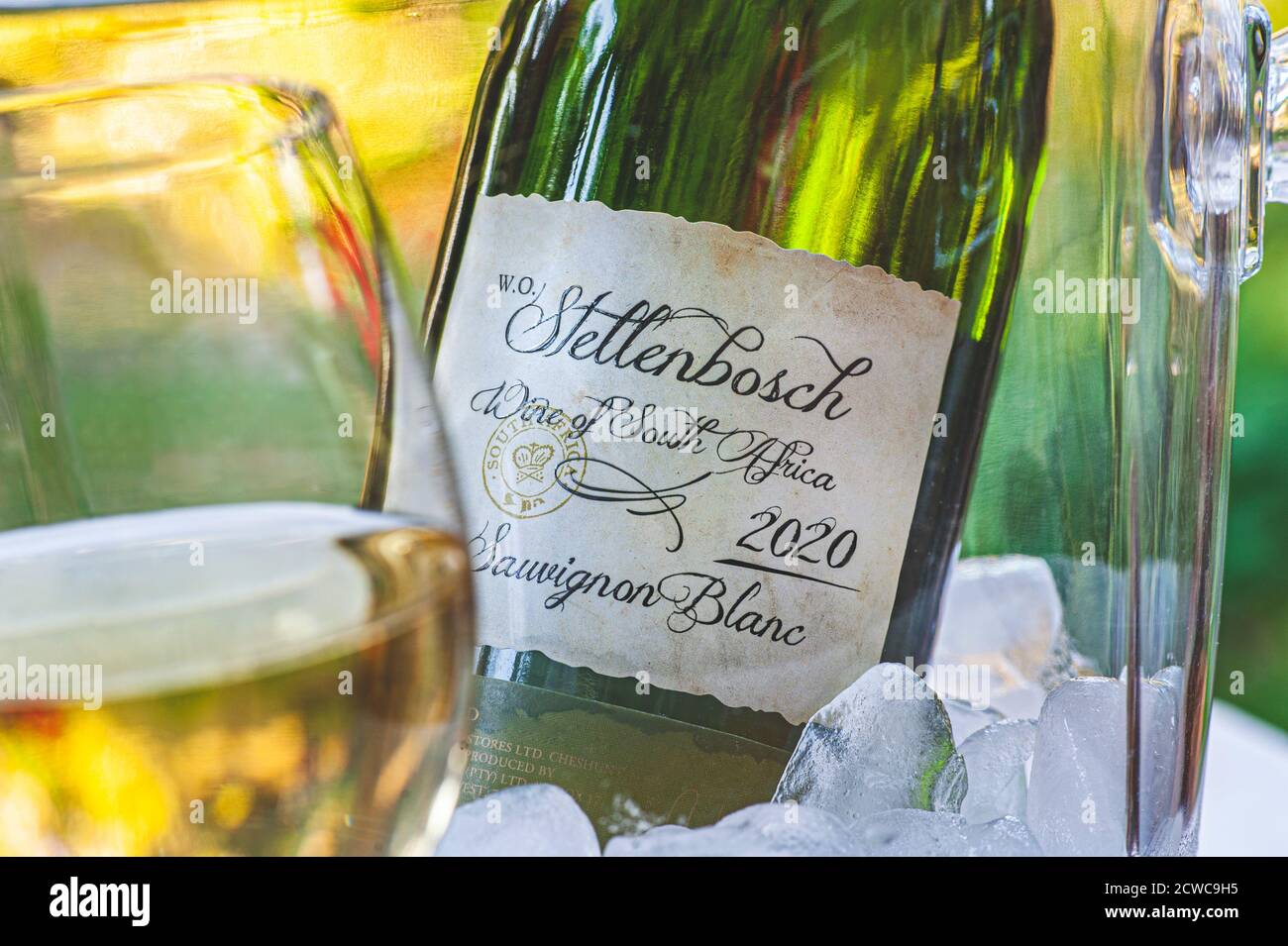 Stellenbosch 2020 Afrique du Sud Sauvignon blanc bouteille de verre de vin et seau à glace en plein air ensoleillé d'été situation de jardin, avec labe postdaté de bouteille Banque D'Images
