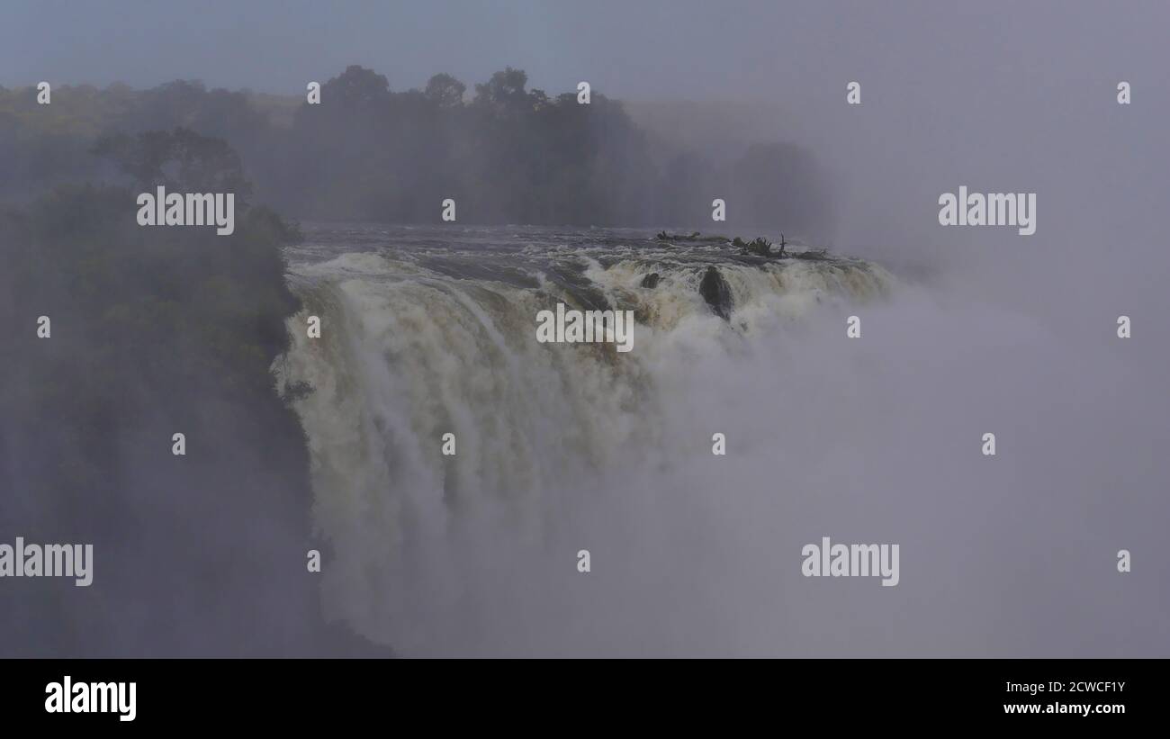 Vue impressionnante sur le fleuve Zambèze descendant les chutes Victoria, vue à travers d'énormes jets d'eau avec la forêt tropicale près de la frontière du Zimbabwe et de la Zambie. Banque D'Images