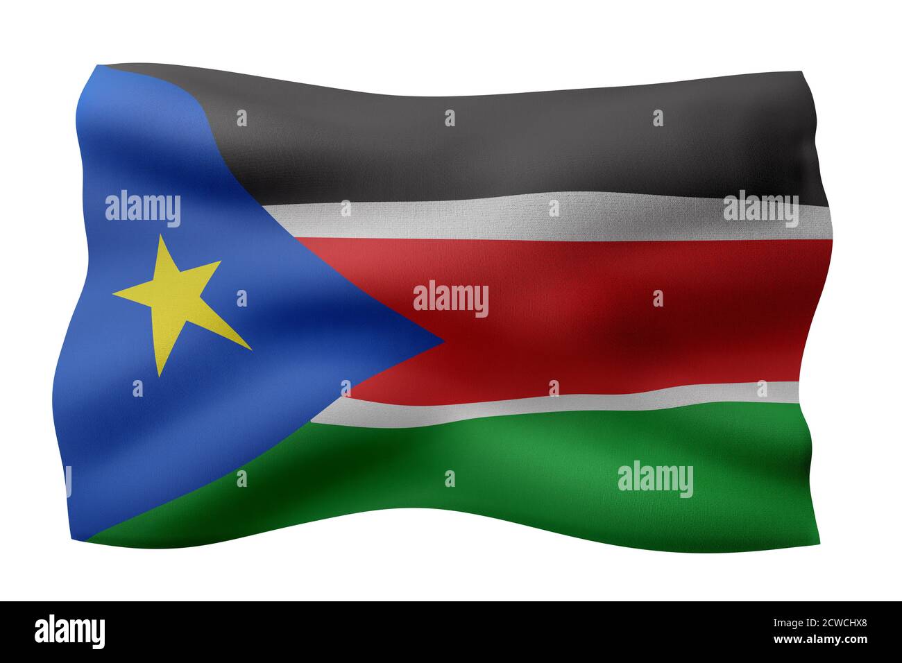 Rendu 3d d'un drapeau national du Soudan du Sud isolé sur arrière-plan blanc Banque D'Images