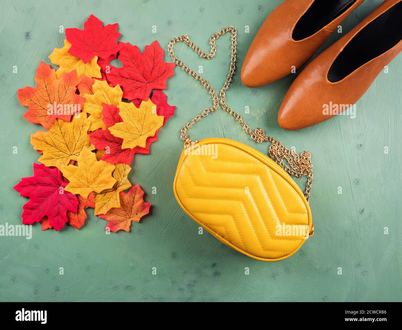 Chaussures, feuilles, sac à main tendance automnale pour femme Banque D'Images