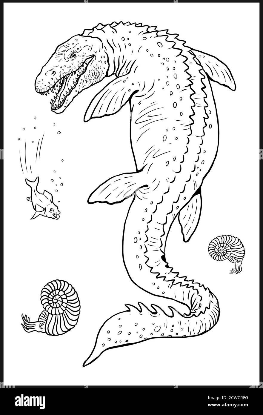 Reptile aquatique préhistorique - Mosasaurus. Dinosaure aquatique. Page de coloriage. Banque D'Images